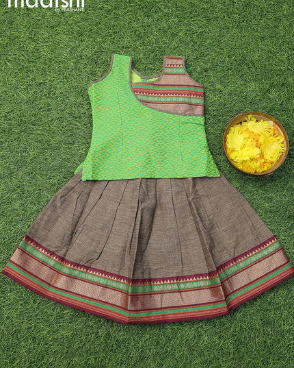 Mangalgiri cotton kids lehenga light green and chikku shade with patch work neck pattern and woven border for 0 year - {{ collection.title }} by Prashanti Sarees