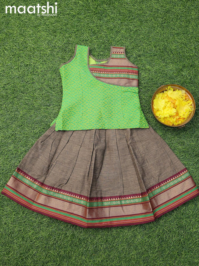 Mangalgiri cotton kids lehenga light green and chikku shade with patch work neck pattern and woven border for 0 year - {{ collection.title }} by Prashanti Sarees