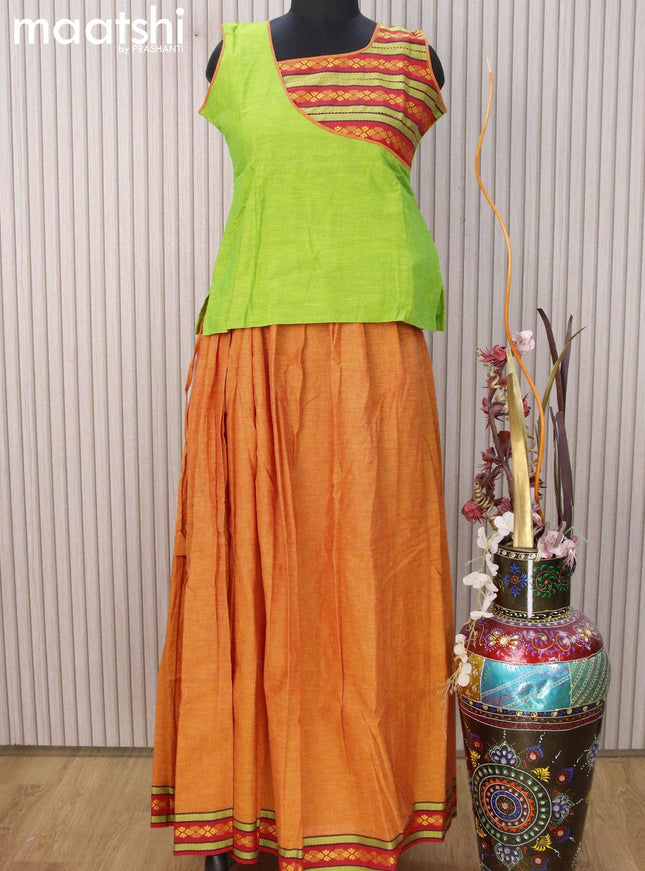 Mangalgiri cotton kids lehenga light green and dual shade of yellow with patch work neck pattern and woven border for 13 years - {{ collection.title }} by Prashanti Sarees