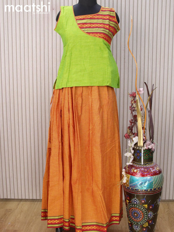 Mangalgiri cotton kids lehenga light green and dual shade of yellow with patch work neck pattern and woven border for 13 years - {{ collection.title }} by Prashanti Sarees