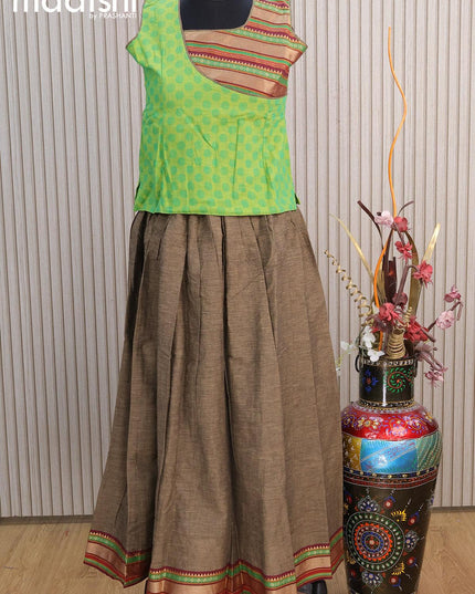 Mangalgiri cotton kids lehenga light green and grey shade with patch work neck pattern and woven border for 11 years - {{ collection.title }} by Prashanti Sarees