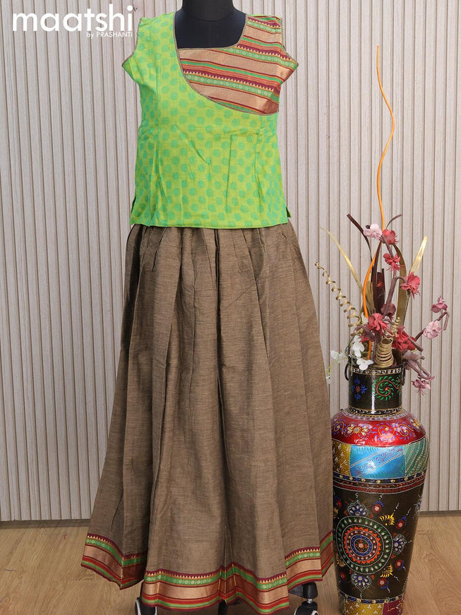 Mangalgiri cotton kids lehenga light green and grey shade with patch work neck pattern and woven border for 11 years - {{ collection.title }} by Prashanti Sarees
