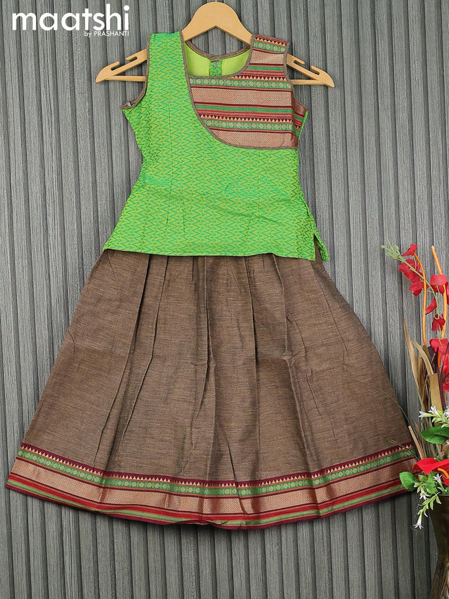 Mangalgiri cotton kids lehenga light green and grey shade with patch work neck pattern and woven border for 5 years - {{ collection.title }} by Prashanti Sarees