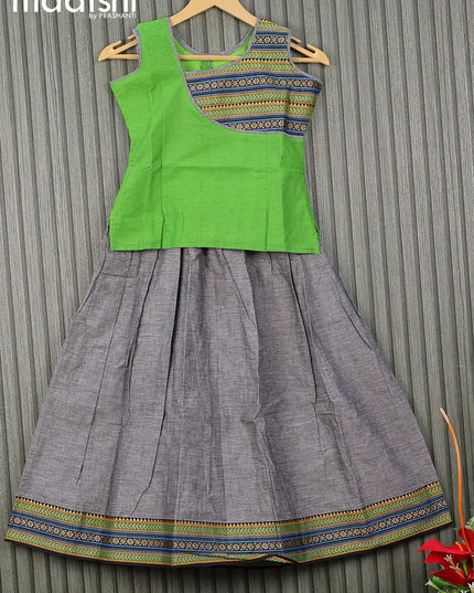 Mangalgiri cotton kids lehenga light green and grey with patch work neck pattern and woven border for 8 years - {{ collection.title }} by Prashanti Sarees