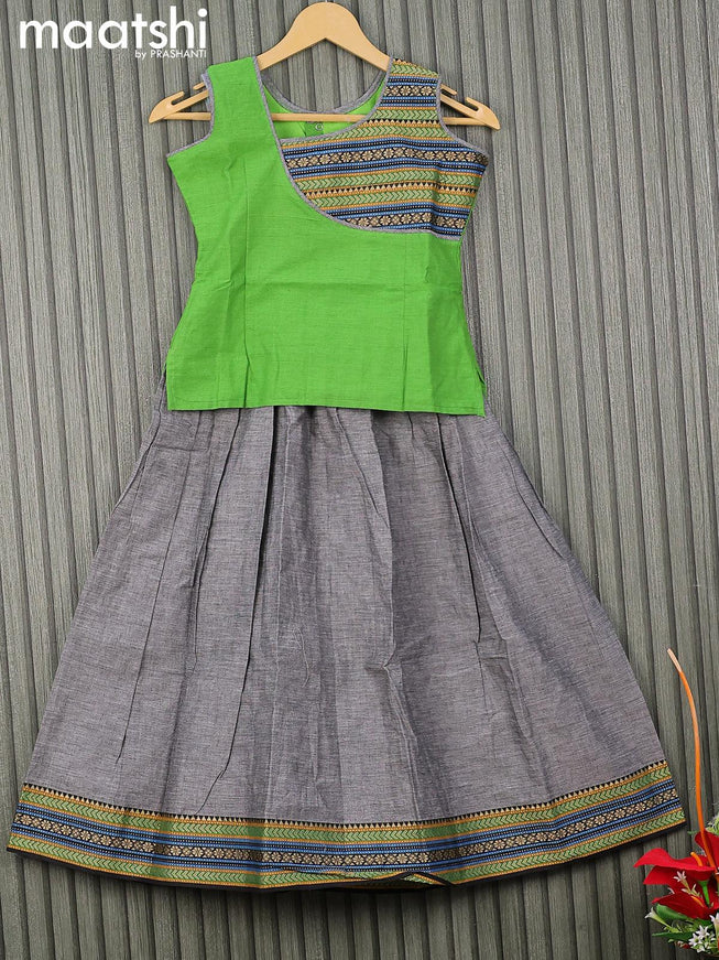 Mangalgiri cotton kids lehenga light green and grey with patch work neck pattern and woven border for 8 years - {{ collection.title }} by Prashanti Sarees