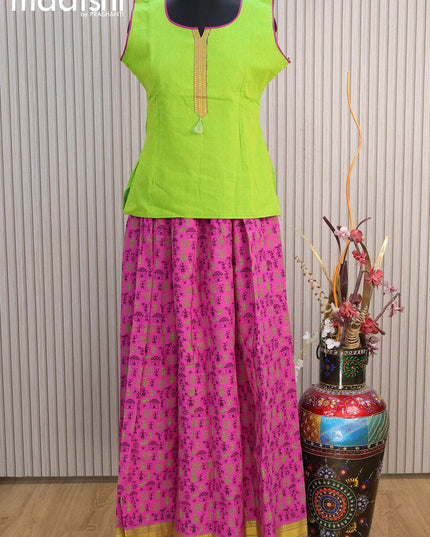Mangalgiri cotton kids lehenga light green and magenta pink with patch work neck pattern and warli prints & woven border for 15 years - {{ collection.title }} by Prashanti Sarees