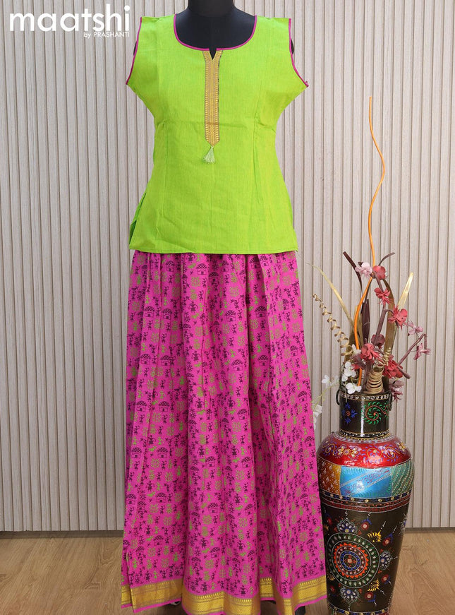 Mangalgiri cotton kids lehenga light green and magenta pink with patch work neck pattern and warli prints & woven border for 15 years - {{ collection.title }} by Prashanti Sarees