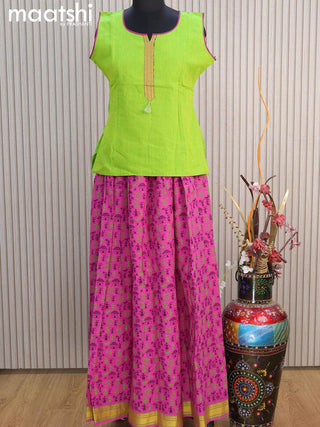 Mangalgiri cotton kids lehenga light green and magenta pink with patch work neck pattern and warli prints & woven border for 15 years