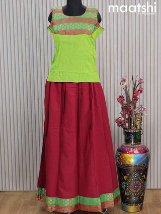 Mangalgiri cotton kids lehenga light green and maroon with patch work neck pattern and zari woven border Sleeve attached