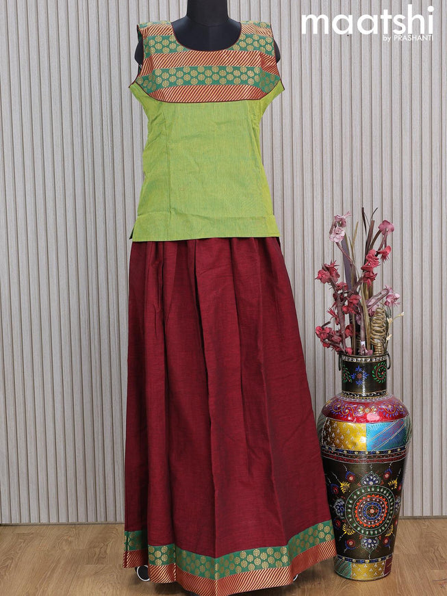 Mangalgiri cotton kids lehenga light green and maroon with patch work neck pattern and zari woven border Sleeve attached - {{ collection.title }} by Prashanti Sarees