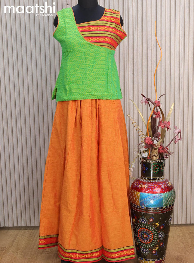 Mangalgiri cotton kids lehenga light green and mustard yellow with patch work neck pattern and woven border for 13 years - {{ collection.title }} by Prashanti Sarees