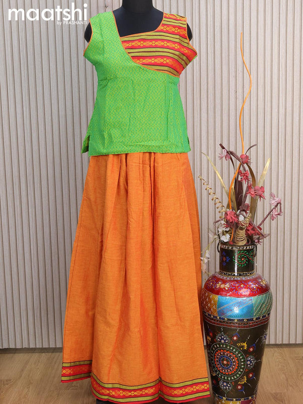 Mangalgiri cotton kids lehenga light green and mustard yellow with patch work neck pattern and woven border for 13 years - {{ collection.title }} by Prashanti Sarees