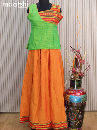 Mangalgiri cotton kids lehenga light green and mustard yellow with patch work neck pattern and woven border for 13 years