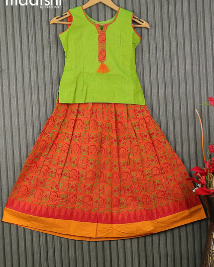Mangalgiri cotton kids lehenga light green and sunset orange with patch work neck pattern and allover prints & simple border for 7 years - {{ collection.title }} by Prashanti Sarees