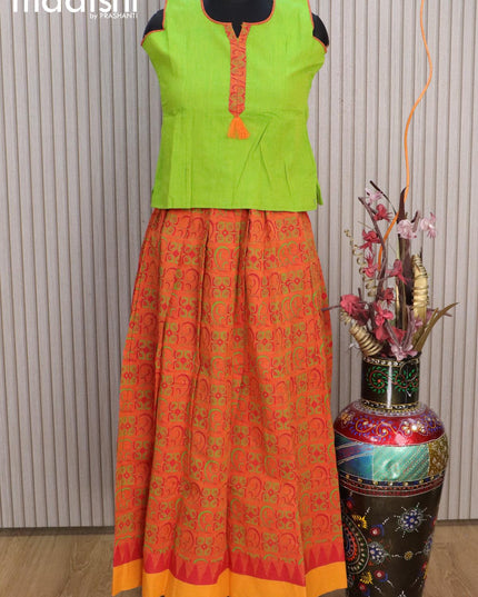 Mangalgiri cotton kids lehenga light green and sunset orange with patch work neck pattern and allover prints & woven border for 11 years - {{ collection.title }} by Prashanti Sarees