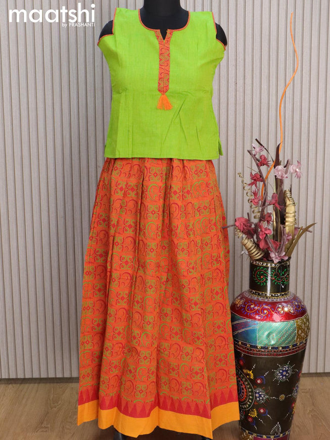 Mangalgiri cotton kids lehenga light green and sunset orange with patch work neck pattern and allover prints & woven border for 11 years - {{ collection.title }} by Prashanti Sarees