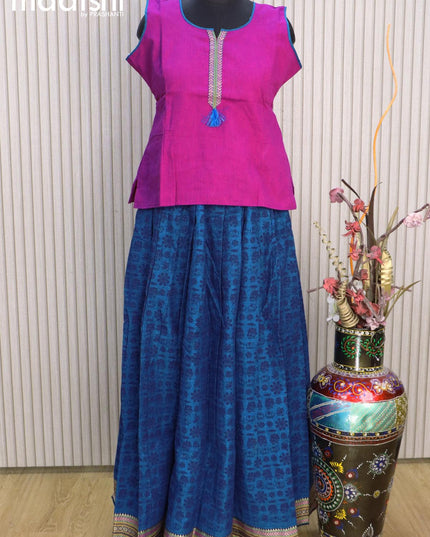 Mangalgiri cotton kids lehenga magenta pink and cs blue with patch work neck pattern and allover prints & woven border for 13 years - {{ collection.title }} by Prashanti Sarees