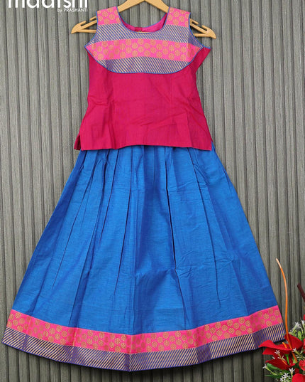 Mangalgiri cotton kids lehenga magenta pink and cs blue with patch work neck pattern and zari woven border for 8 years - {{ collection.title }} by Prashanti Sarees