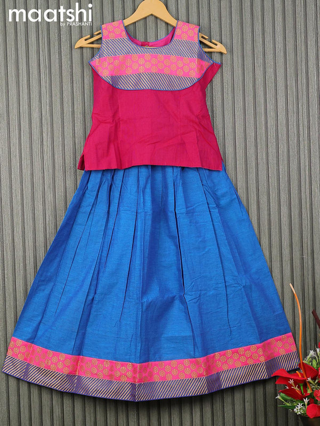 Mangalgiri cotton kids lehenga magenta pink and cs blue with patch work neck pattern and zari woven border for 8 years - {{ collection.title }} by Prashanti Sarees