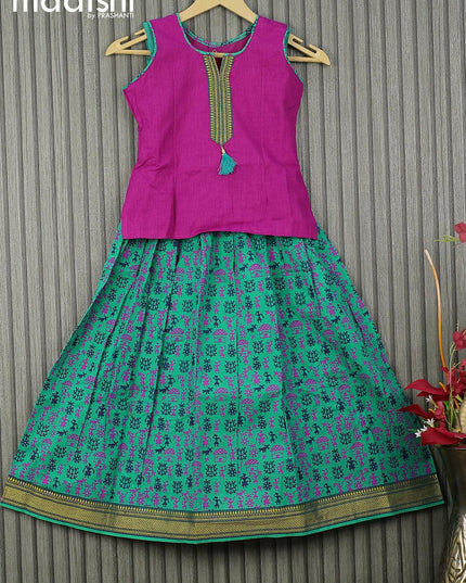 Mangalgiri cotton kids lehenga magenta pink and teal green with patch work neck pattern and warli prints & woven border for 7 years - {{ collection.title }} by Prashanti Sarees