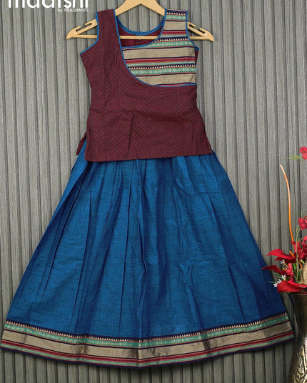 Mangalgiri cotton kids lehenga maroon and cs blue with patch work neck pattern and woven border for 8 years - {{ collection.title }} by Prashanti Sarees