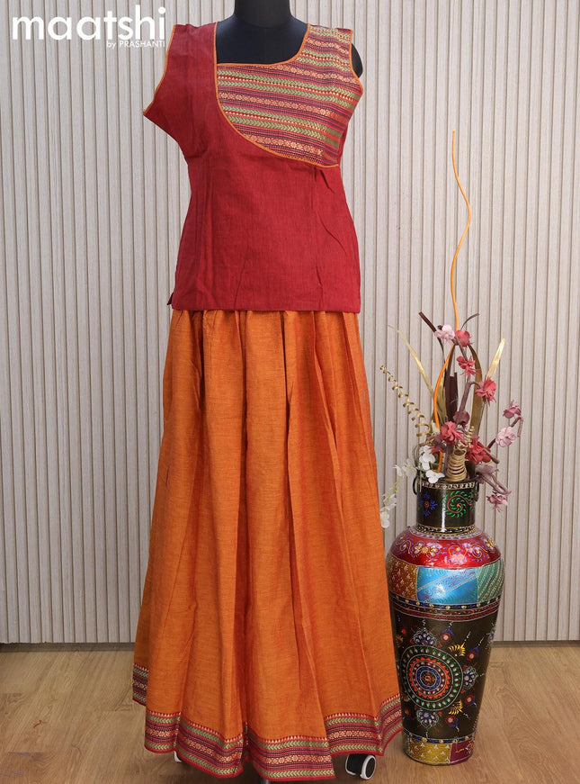 Mangalgiri cotton kids lehenga maroon and dark mustard with patch work neck pattern and woven border for 15 years - {{ collection.title }} by Prashanti Sarees