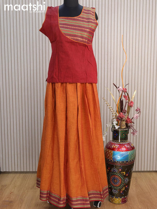 Mangalgiri cotton kids lehenga maroon and dark mustard with patch work neck pattern and woven border for 15 years - {{ collection.title }} by Prashanti Sarees