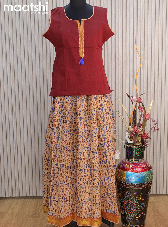 Mangalgiri cotton kids lehenga maroon and dark sandal with patch work neck pattern and warli prints & woven border for 16 years - {{ collection.title }} by Prashanti Sarees