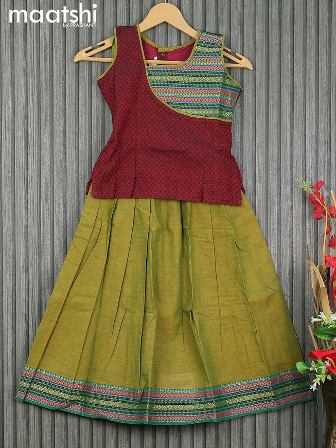 Mangalgiri cotton kids lehenga maroon and dual shade of green with patch work neck pattern and woven border for 6 years - {{ collection.title }} by Prashanti Sarees