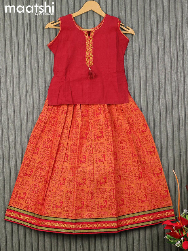 Mangalgiri cotton kids lehenga maroon and dual shade of mustard yellow with patch work neck pattern and warli prints & woven border for 8 years - {{ collection.title }} by Prashanti Sarees