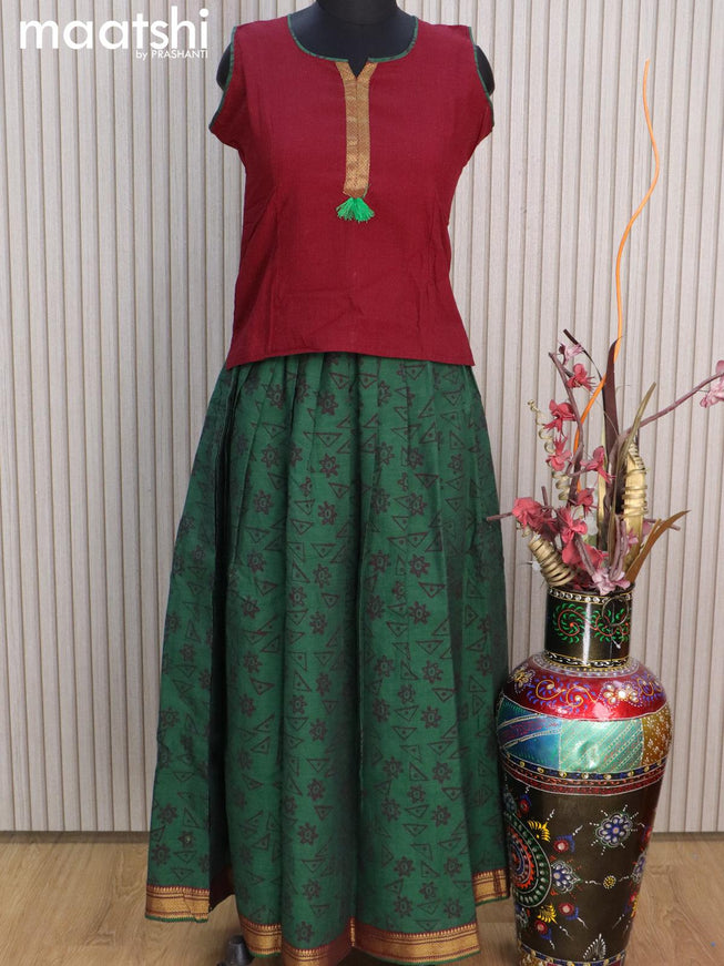 Mangalgiri cotton kids lehenga maroon and green with patch work neck pattern and geometric prints & zari woven border for 12 years - {{ collection.title }} by Prashanti Sarees