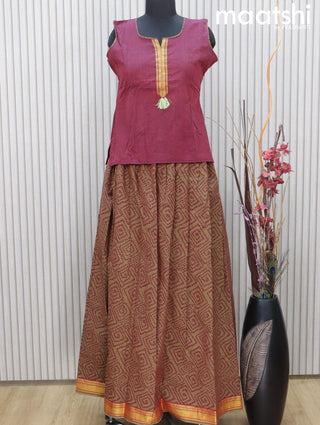 Mangalgiri cotton kids lehenga maroon and olive green with patch work neck pattern and allover prints & woven border Sleeve attached