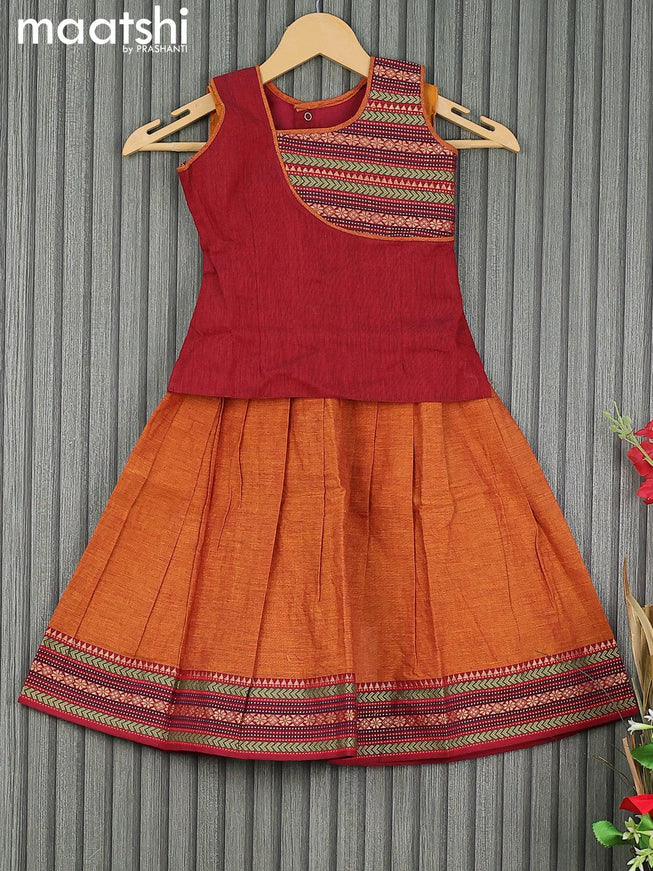Mangalgiri cotton kids lehenga maroon and rust shade with patch work neck pattern and woven border for 3 years - {{ collection.title }} by Prashanti Sarees