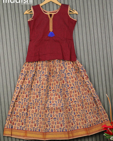 Mangalgiri cotton kids lehenga maroon and sandal with patch work neck pattern and warli prints & woven border for 9 years - {{ collection.title }} by Prashanti Sarees