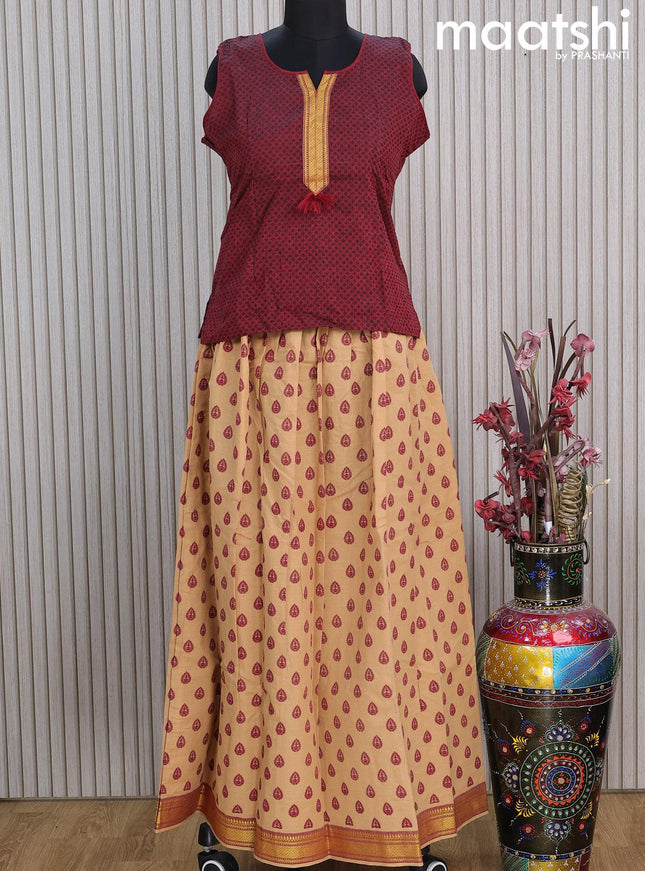 Mangalgiri cotton kids lehenga maroon and sandal with self emboss patch work neck patten and allover butta prints & woven border Sleeve attached - {{ collection.title }} by Prashanti Sarees