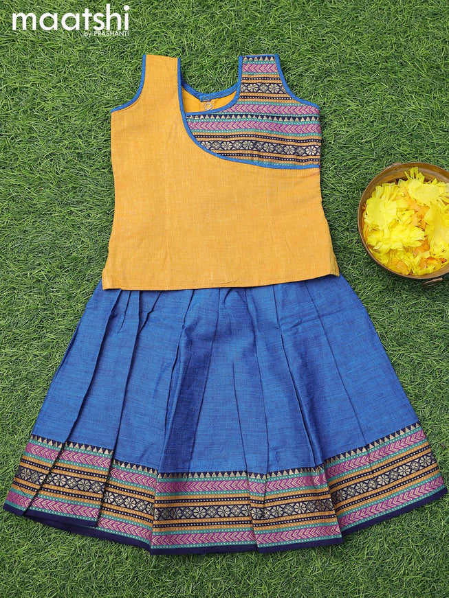 Mangalgiri cotton kids lehenga mustard yellow and blue with patch work neck pattern and woven border for 0 year - {{ collection.title }} by Prashanti Sarees