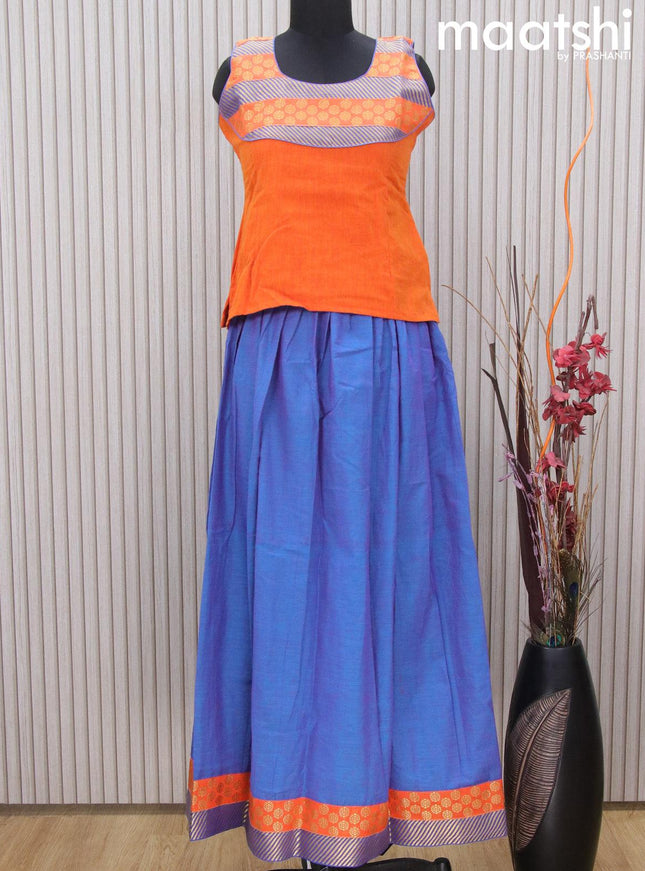Mangalgiri cotton kids lehenga orange and blue shade with patch work neck pattern and zari woven border Sleeve attached - {{ collection.title }} by Prashanti Sarees