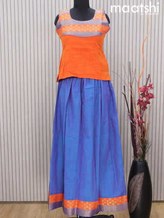 Mangalgiri cotton kids lehenga orange and blue shade with patch work neck pattern and zari woven border Sleeve attached