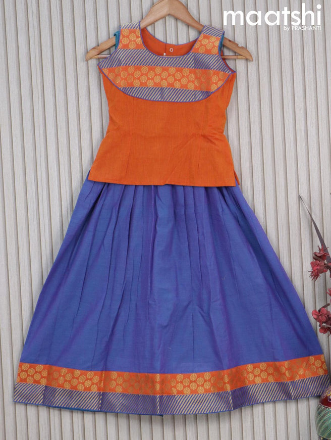 Mangalgiri cotton kids lehenga orange and blue with patch work neck pattern and zari woven border Sleeve attached - {{ collection.title }} by Prashanti Sarees