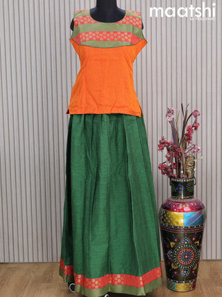 Mangalgiri cotton kids lehenga orange and green with patch work neck pattern and zari woven border Sleeve attached
