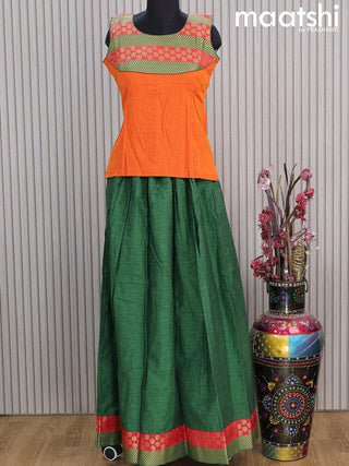 Mangalgiri cotton kids lehenga orange and green with patch work neck pattern and zari woven border Sleeve attached