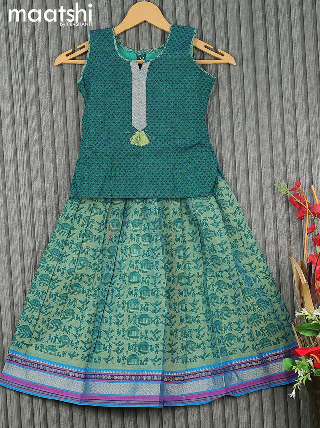 Mangalgiri cotton kids lehenga peacock green and cs blue with patch work neck pattern and allover prints & woven border for 5 years - {{ collection.title }} by Prashanti Sarees