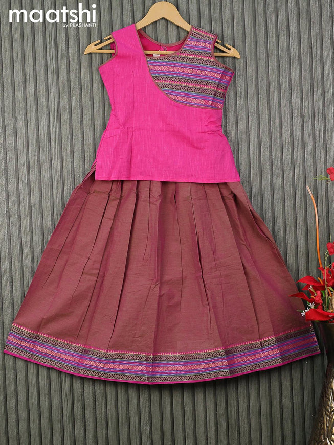Mangalgiri cotton kids lehenga pink and dual shade of green with patch work neck pattern and woven border for 7 years - {{ collection.title }} by Prashanti Sarees