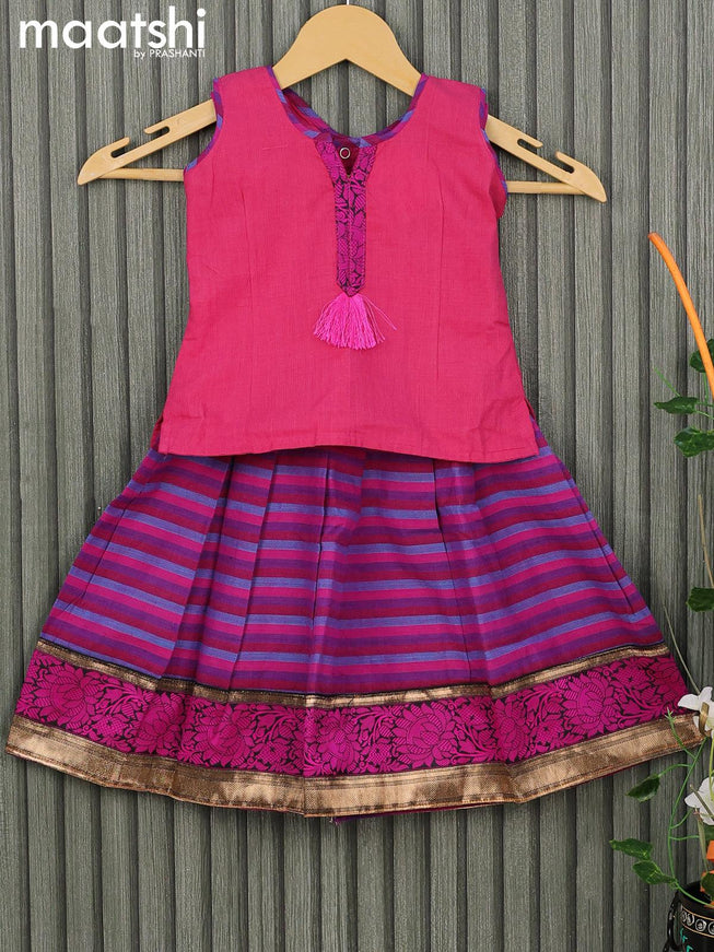 Mangalgiri cotton kids lehenga pink and multi colour with patch work neck pattern and allover stripes pattern & zari border for 2 years - {{ collection.title }} by Prashanti Sarees