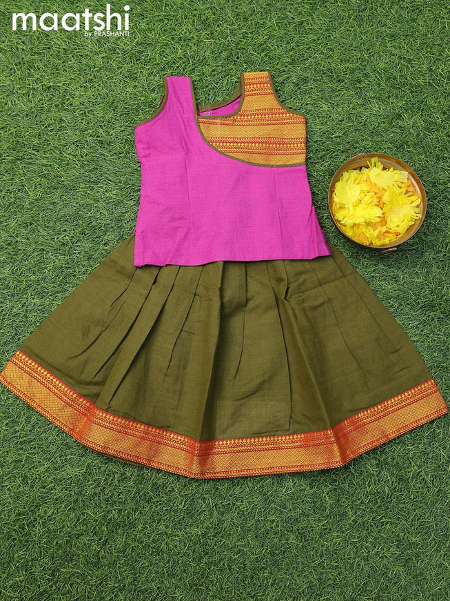 Mangalgiri cotton kids lehenga pink and olive green with patch work neck pattern and zari woven border for 0 year - {{ collection.title }} by Prashanti Sarees
