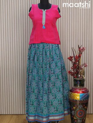 Mangalgiri cotton kids lehenga pink and teal bluish green with thread weaves & patch work neck pattern and warli prints & woven border Sleeve attached