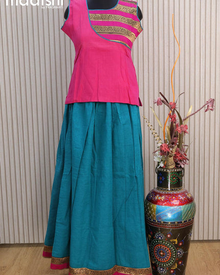 Mangalgiri cotton kids lehenga pink and teal green shade with patch work neck pattern and zari woven border for 14 years - {{ collection.title }} by Prashanti Sarees