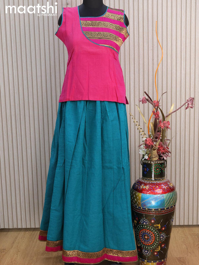 Mangalgiri cotton kids lehenga pink and teal green shade with patch work neck pattern and zari woven border for 14 years - {{ collection.title }} by Prashanti Sarees