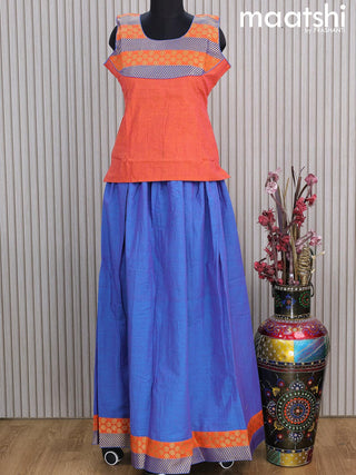 Mangalgiri cotton kids lehenga pinkish orange and blue with patch work neck pattern and zari woven border Sleeve attached