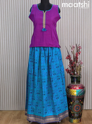 Mangalgiri cotton kids lehenga purple and cs blue with patch work neck pattern and warli prints & woven border Sleeve attached